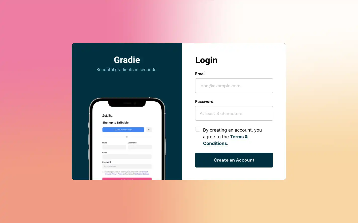 Screenshot of Gradie Sign Up Page application interface
