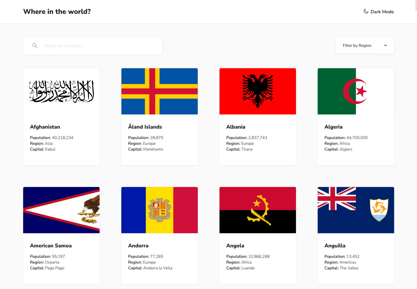 Screenshot of Rest Countries API with color theme switcher application interface